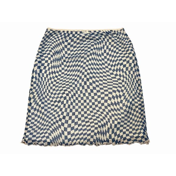 blue checkered alice wonderland mesh overlay pencil skirt with lettuce hem bow - Picture 1 of 6